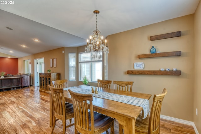755 NW 23rd St, Pendleton, OR 97801 - dining space featuring light wood-style flooring, a chandelier, vaulted ceiling, and recessed lighting