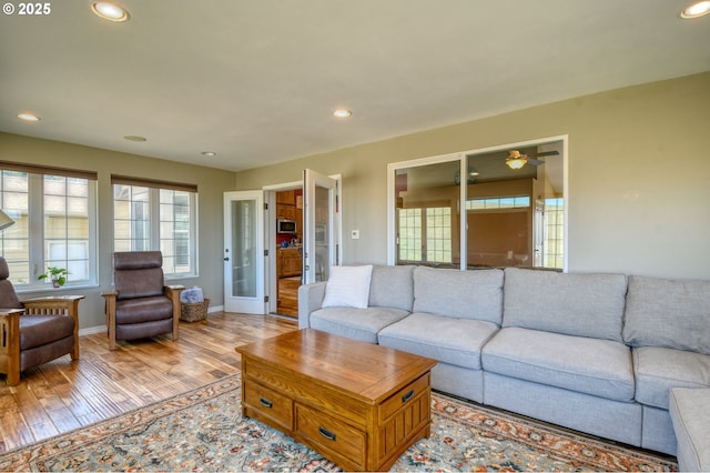 755 NW 23rd St, Pendleton, OR 97801 - living room featuring light wood-style flooring, recessed lighting, and a ceiling fan