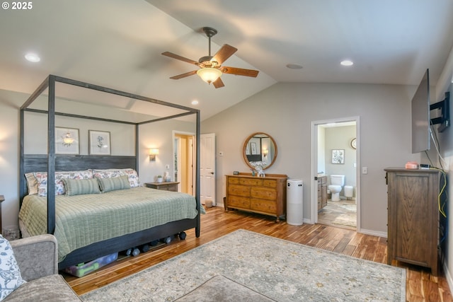 755 NW 23rd St, Pendleton, OR 97801 - bedroom featuring wood finished floors, vaulted ceiling, ensuite bathroom, recessed lighting, and ceiling fan