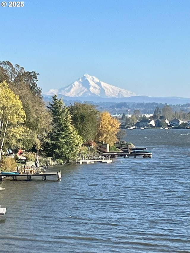 water view featuring a mountain backdrop and a dock