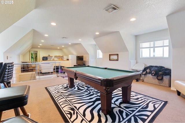 playroom with carpet floors, healthy amount of natural light, recessed lighting, billiards, and vaulted ceiling