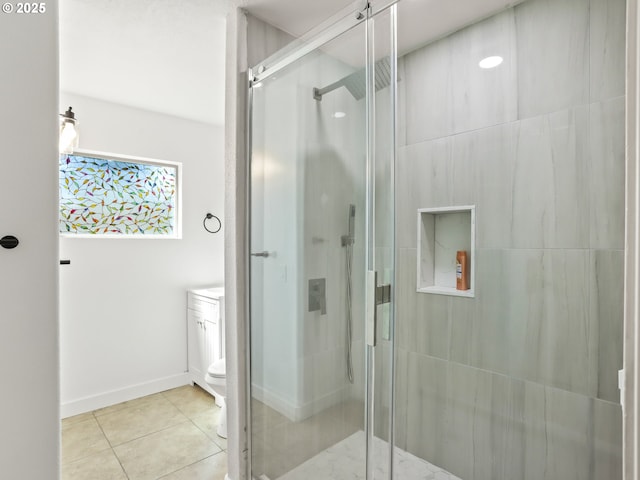 3241 SE 150th Ave, Portland, OR 97236 - bathroom with baseboards, tile patterned floors, and a stall shower