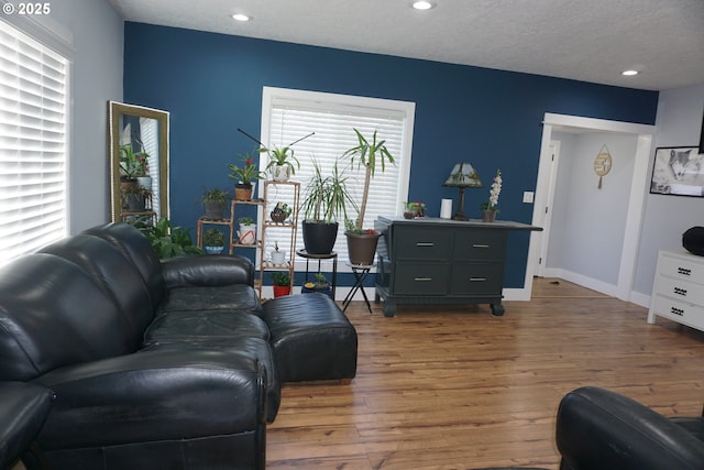 living room with a textured ceiling, baseboards, wood finished floors, and recessed lighting