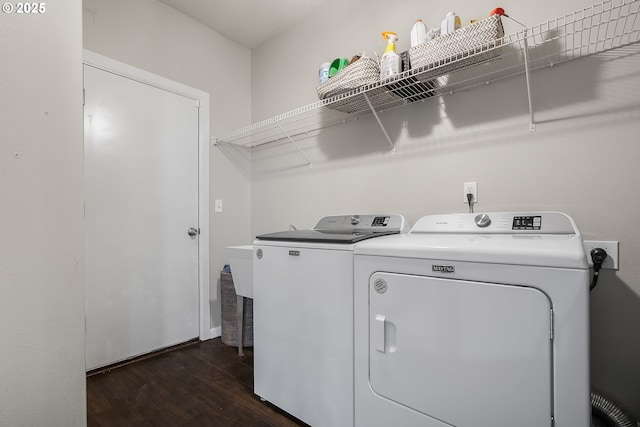 3801 NE 93rd St, Vancouver, WA 98665 - laundry room featuring washer and dryer, laundry area, and dark wood-style flooring