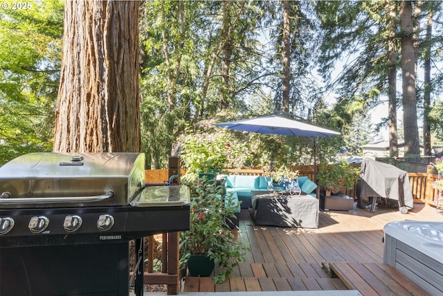 2323 Todd St, Eugene, OR 97405 - wooden terrace with outdoor lounge area, grilling area, and fence