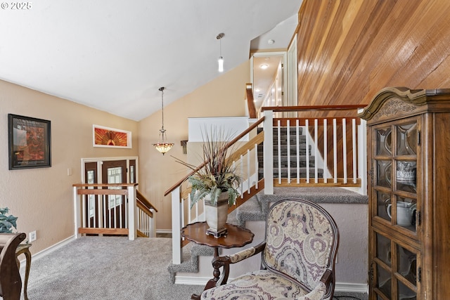 2323 Todd St, Eugene, OR 97405 - stairs featuring carpet, baseboards, and vaulted ceiling