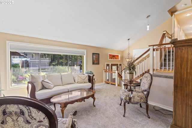 2323 Todd St, Eugene, OR 97405 - carpeted living area with plenty of natural light, lofted ceiling, baseboards, and stairs