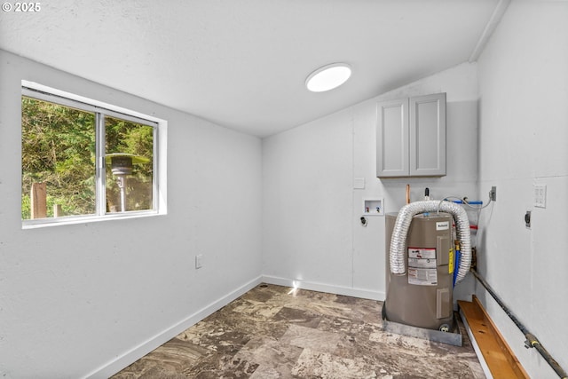95116 Marcola Rd, Marcola, OR 97454 - laundry area with hookup for an electric dryer, baseboards, cabinet space, washer hookup, and electric water heater
