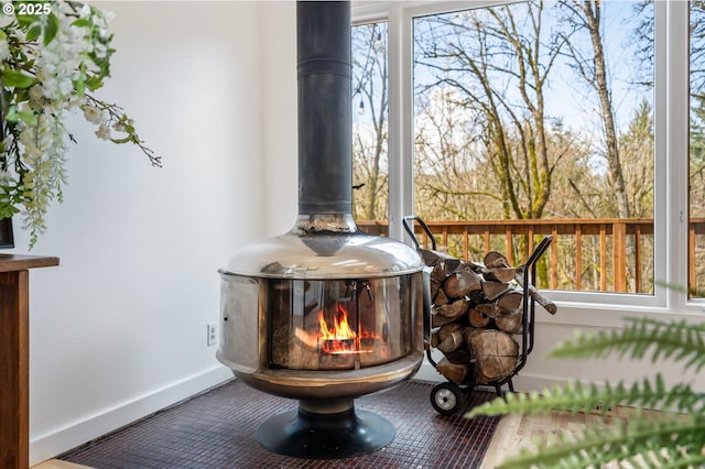 details with a wood stove and baseboards