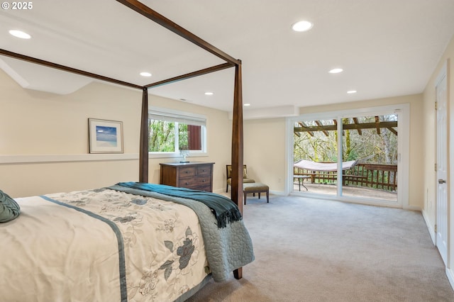 bedroom featuring access to outside, baseboards, carpet flooring, and recessed lighting