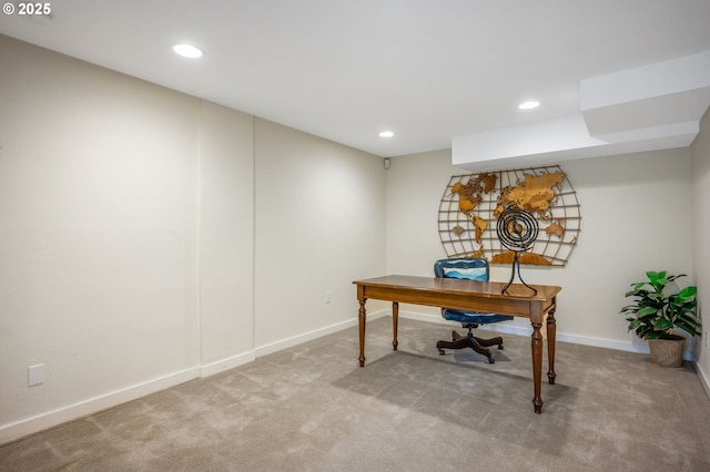 carpeted office with baseboards and recessed lighting