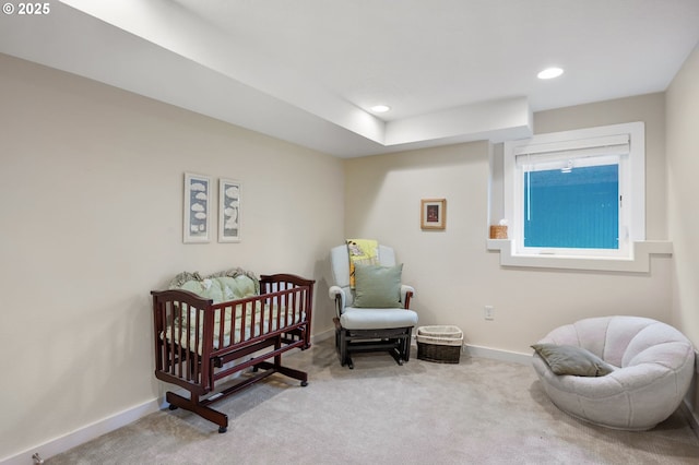 bedroom featuring recessed lighting, carpet, and baseboards