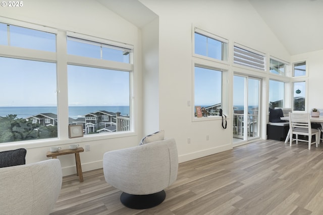 interior space featuring a water view, baseboards, high vaulted ceiling, and wood finished floors