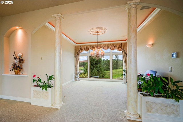 12033 S Shadow Hills Ct, Turner, OR 97392 - hallway featuring ornate columns, carpet floors, a chandelier, ornamental molding, and baseboards