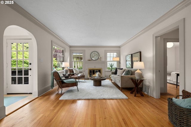 2815 NE 35th Ave, Portland, OR 97212 - living area featuring crown molding, wood finished floors, a textured ceiling, arched walkways, and a glass covered fireplace
