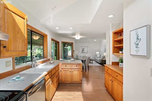 115 Willow St, Silverton, OR 97381 - kitchen featuring dishwasher, light wood-style flooring, a peninsula, recessed lighting, and open floor plan