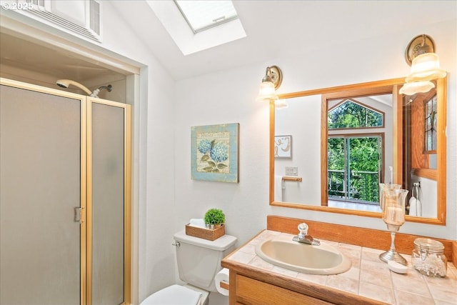 115 Willow St, Silverton, OR 97381 - full bath with vanity, lofted ceiling, a shower stall, and a skylight