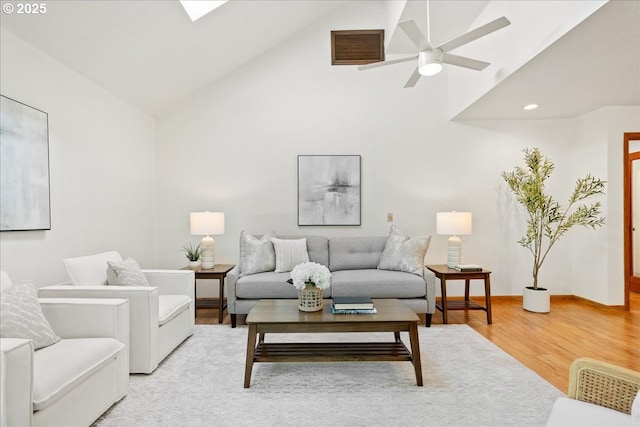 115 Willow St, Silverton, OR 97381 - living room featuring high vaulted ceiling, ceiling fan, and light wood finished floors