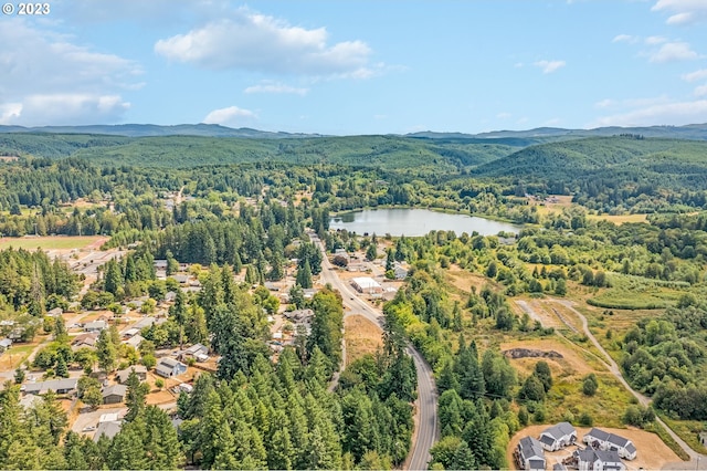 drone / aerial view featuring a water and mountain view and a wooded view