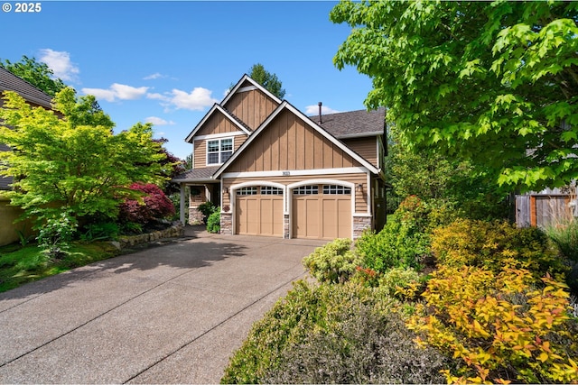 craftsman house featuring stone siding, driveway, a garage, and board and batten siding