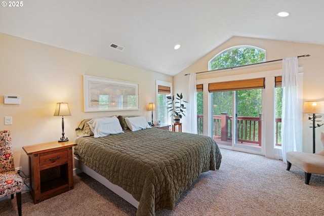 bedroom featuring carpet flooring, access to exterior, vaulted ceiling, and recessed lighting
