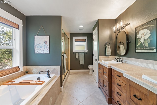 3023 NW Spencer St, Portland, OR 97229 - bathroom featuring a bath, vanity, tile patterned flooring, and a shower stall