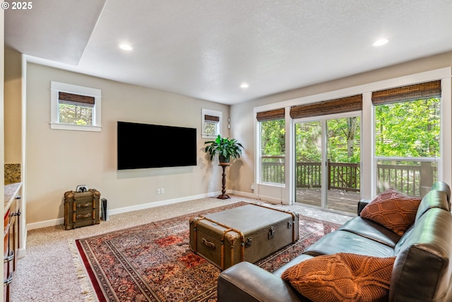 living area featuring baseboards, recessed lighting, and carpet flooring