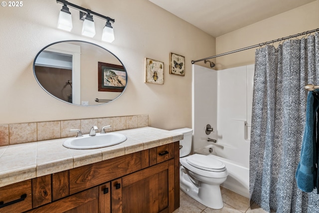bathroom with toilet, vanity, tile patterned flooring, and shower / bathtub combination with curtain