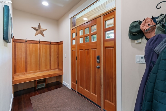 mudroom featuring wood finished floors and recessed lighting