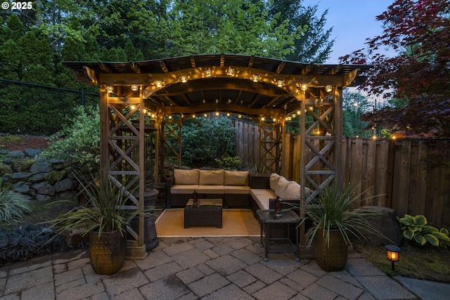 1043 Meek Way W, Linn, OR 97068 - view of patio / terrace with an outdoor living space, a fenced backyard, and a pergola
