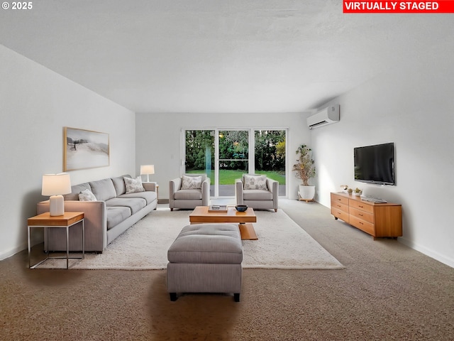 living area featuring baseboards, an AC wall unit, and carpet