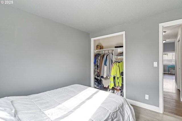 bedroom featuring wood-type flooring and a closet