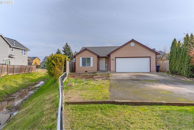 single story home with a garage and a front yard