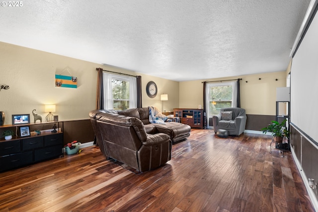 living room with a textured ceiling and dark hardwood / wood-style floors