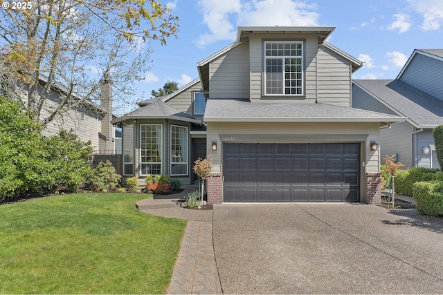 traditional home with driveway, a garage, brick siding, a shingled roof, and a front yard