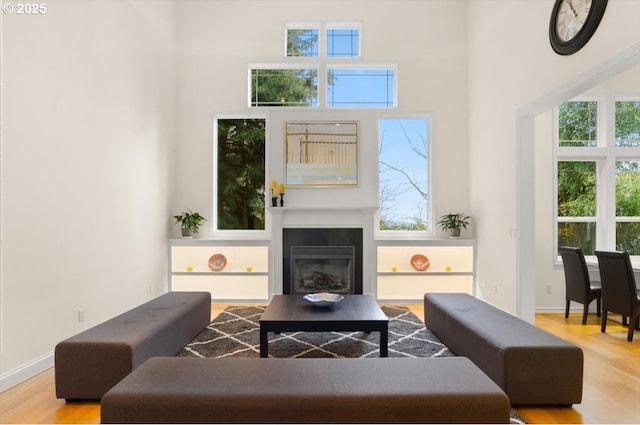 living room featuring a glass covered fireplace, baseboards, and wood finished floors