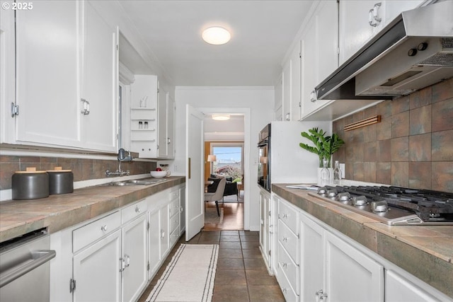 kitchen featuring under cabinet range hood, a sink, white cabinetry, stainless steel appliances, and decorative backsplash