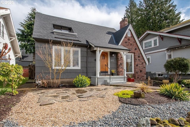 view of front of home with a chimney and a shingled roof