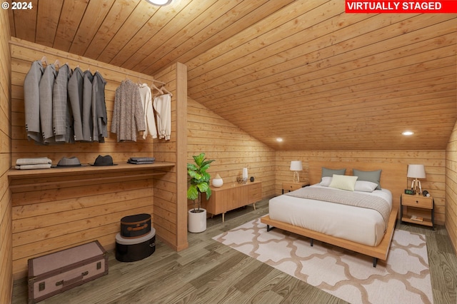 bedroom featuring lofted ceiling, wood walls, wood ceiling, and wood finished floors