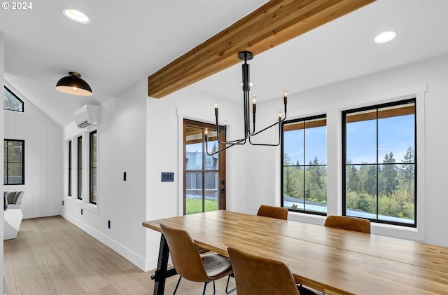 dining area featuring lofted ceiling with beams, an AC wall unit, light wood-type flooring, and recessed lighting