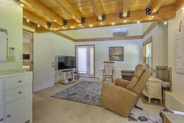 9403 SW 74th Ave, Portland, OR 97223 - living area with a wall mounted AC, light carpet, and a wooden ceiling with exposed beams