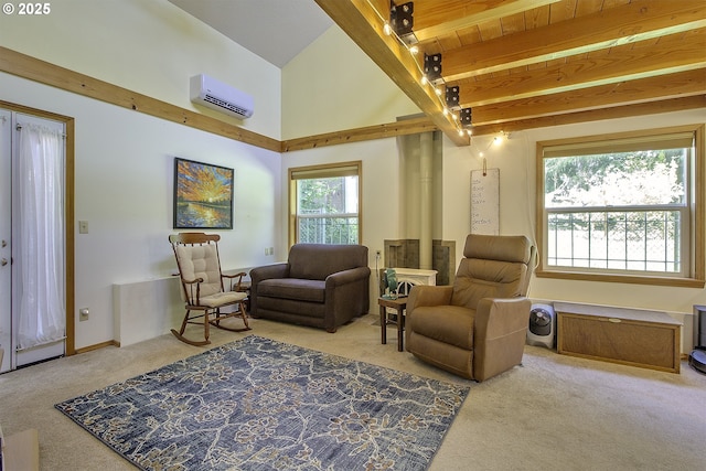 9403 SW 74th Ave, Portland, OR 97223 - carpeted living area with a wall unit AC, beam ceiling, and high vaulted ceiling