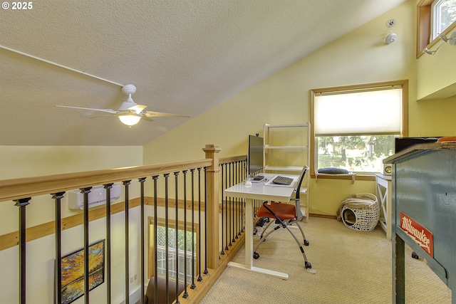 9403 SW 74th Ave, Portland, OR 97223 - office with vaulted ceiling, carpet flooring, ceiling fan, a textured ceiling, and healthy amount of natural light