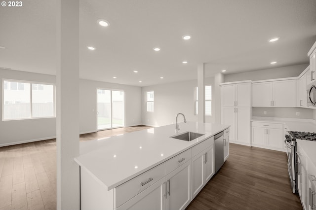 kitchen with an island with sink, stainless steel appliances, dark hardwood / wood-style flooring, and sink