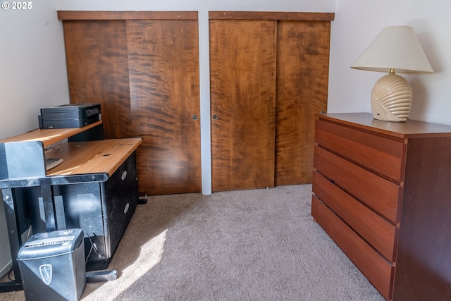 carpeted bedroom featuring two closets