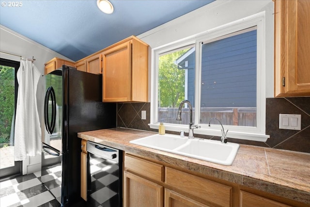 kitchen featuring a sink, wine cooler, decorative backsplash, tile patterned floors, and tile countertops