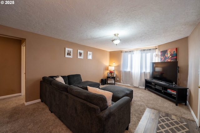 living room featuring carpet floors, a textured ceiling, and baseboards