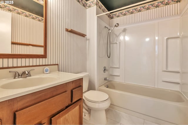 18005 SW Monte Verdi Blvd, Beaverton, OR 97007 - full bath with wallpapered walls, toilet, vanity, and shower / tub combination