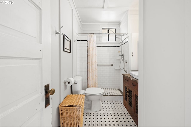 1219 Jerome Ave, Astoria, OR 97103 - bathroom featuring a stall shower, vanity, crown molding, and tile patterned floors