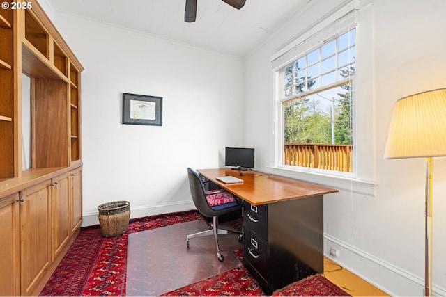 1219 Jerome Ave, Astoria, OR 97103 - home office with baseboards, ornamental molding, and ceiling fan